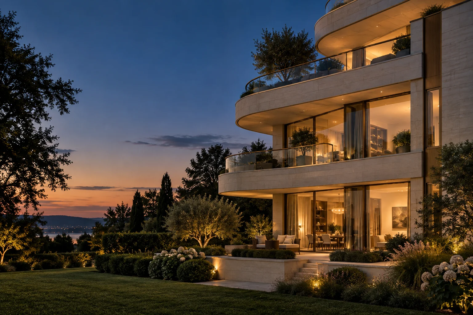 Modernes Wohngebäude mit geschwungenen Balkonen und einem begrünten Garten im Abendlicht